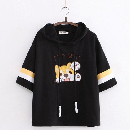 Cute Black/White Shiba Inu Embroidery Short Sleeve Hoodie MK15882 - KawaiiMoriStore