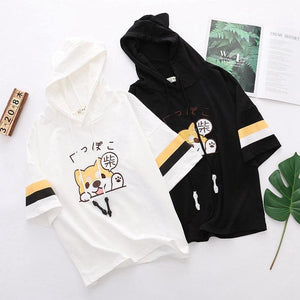 Cute Black/White Shiba Inu Embroidery Short Sleeve Hoodie MK15882 - KawaiiMoriStore