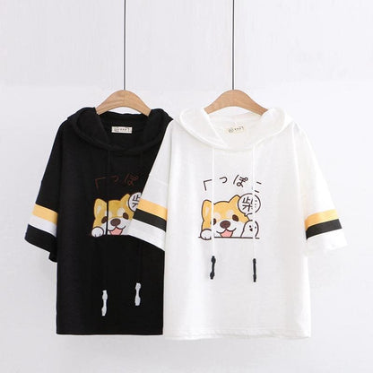 Cute Black/White Shiba Inu Embroidery Short Sleeve Hoodie MK15882 - KawaiiMoriStore