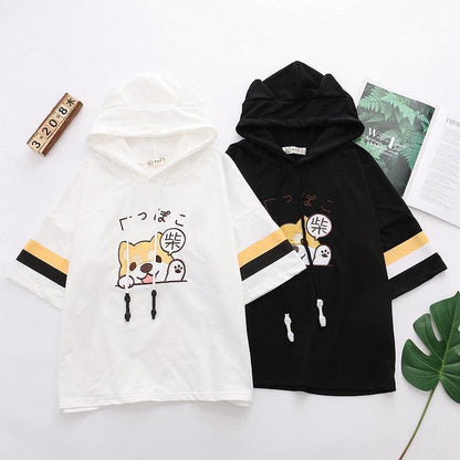 Cute Black/White Shiba Inu Embroidery Short Sleeve Hoodie MK15882 - KawaiiMoriStore