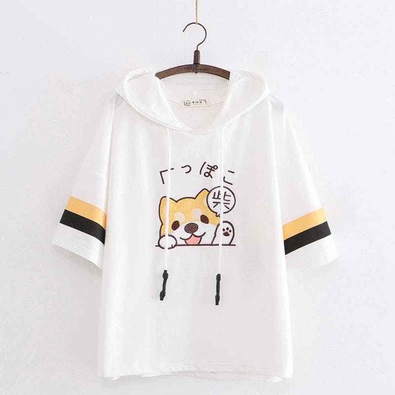 Cute Black/White Shiba Inu Embroidery Short Sleeve Hoodie MK15882 - KawaiiMoriStore