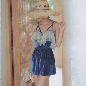 Cute Blue Lace Splicing Off-the-shoulder Dress Swimsuit MM1153 - KawaiiMoriStore