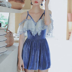 Cute Blue Lace Splicing Off-the-shoulder Dress Swimsuit MM1153 - KawaiiMoriStore