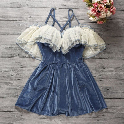 Cute Blue Lace Splicing Off-the-shoulder Dress Swimsuit MM1153 - KawaiiMoriStore