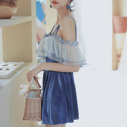 Cute Blue Lace Splicing Off-the-shoulder Dress Swimsuit MM1153 - KawaiiMoriStore