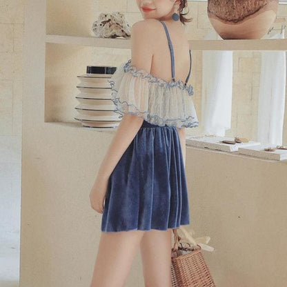 Cute Blue Lace Splicing Off-the-shoulder Dress Swimsuit MM1153 - KawaiiMoriStore