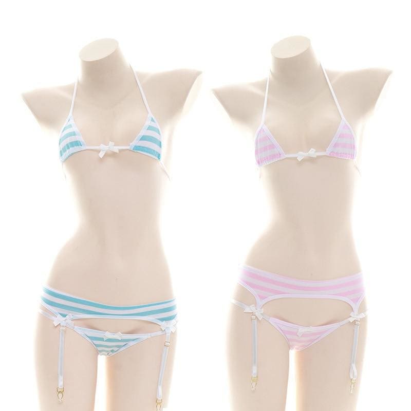 Cute Sexy Blue Pink White Striped Lingerie Set MK176 - KawaiiMoriStore