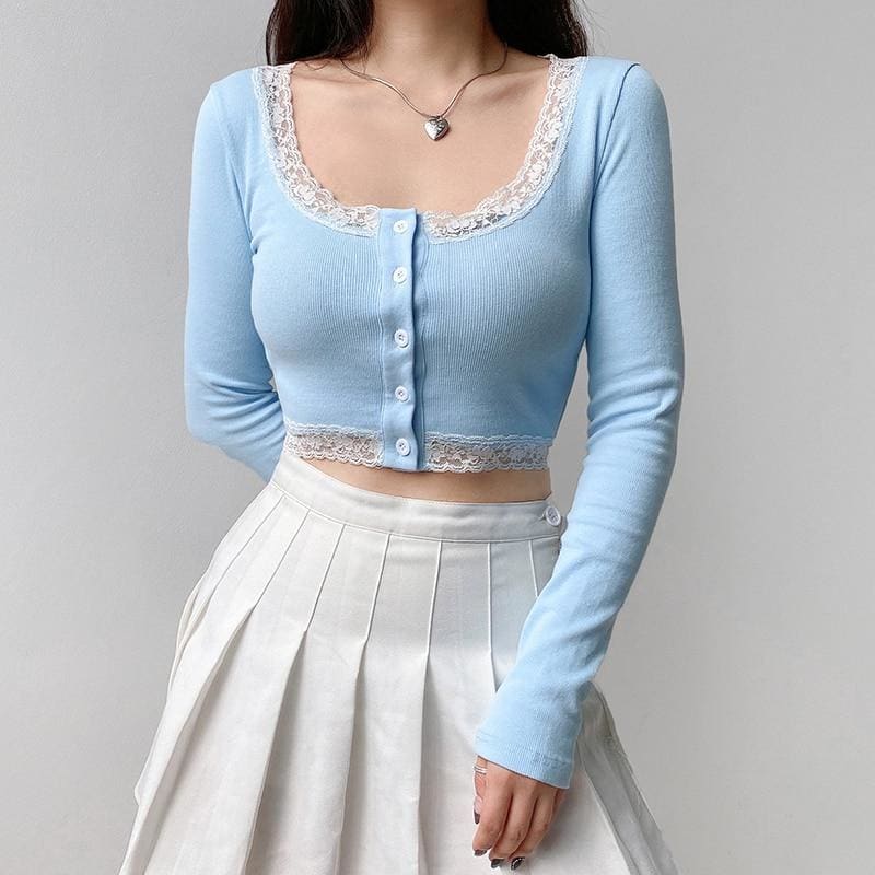 Cute Blue Single-breasted Lace Crop Top MK15904 - KawaiiMoriStore