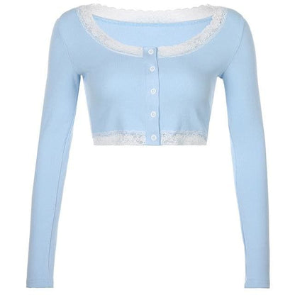 Cute Blue Single-breasted Lace Crop Top MK15904 - KawaiiMoriStore