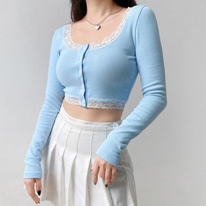 Cute Blue Single-breasted Lace Crop Top MK15904 - KawaiiMoriStore