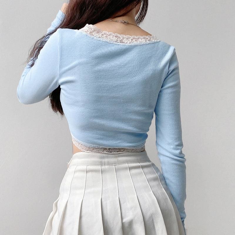 Cute Blue Single-breasted Lace Crop Top MK15904 - KawaiiMoriStore