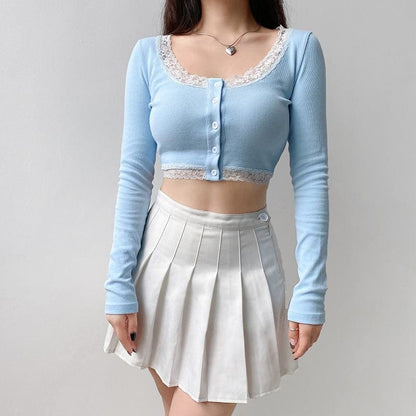 Cute Blue Single-breasted Lace Crop Top MK15904 - KawaiiMoriStore