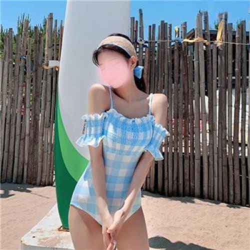 Cute Blue/Black Plaid Bubble Short Sleeve Swimwear Maillot MK15622 - KawaiiMoriStore