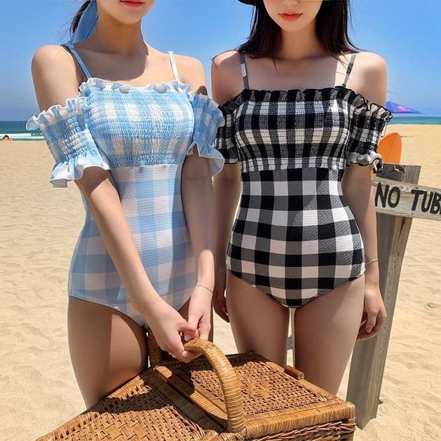 Cute Blue/Black Plaid Bubble Short Sleeve Swimwear Maillot MK15622 - KawaiiMoriStore