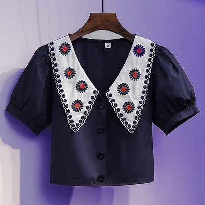 Cute Casual Embordery Collar Flowers Navy White Top and White Black Shorts MM1309 - KawaiiMoriStore