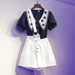 Cute Casual Embordery Collar Flowers Navy White Top and White Black Shorts MM1309 - KawaiiMoriStore