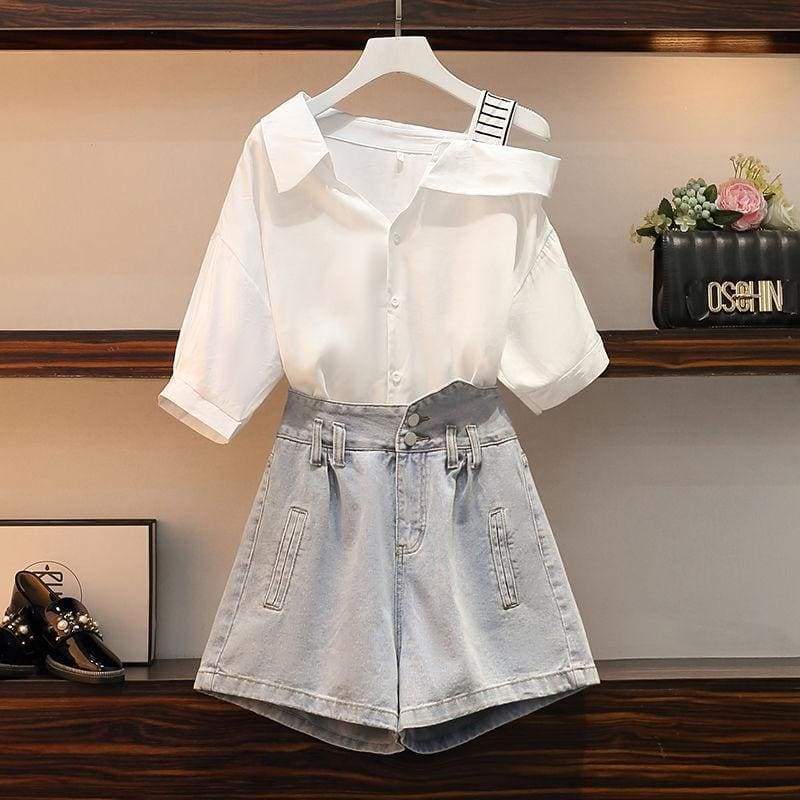 Cute Casual Irregular of the Shoulder White Shirt and Denim Shorts Set MM1305 - KawaiiMoriStore