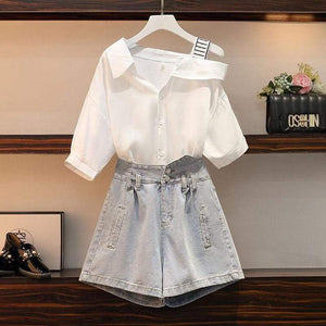 Cute Casual Irregular of the Shoulder White Shirt and Denim Shorts Set MM1305 - KawaiiMoriStore