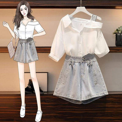 Cute Casual Irregular of the Shoulder White Shirt and Denim Shorts Set MM1305 - KawaiiMoriStore