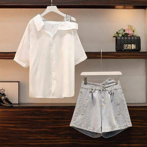 Cute Casual Irregular of the Shoulder White Shirt and Denim Shorts Set MM1305 - KawaiiMoriStore