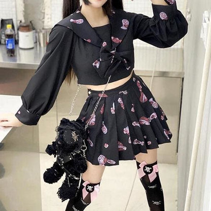 Cute Cool Preppy Style Girls Black Bow Print Top Skirt Lolita JK Uniform Suit MM0886 - KawaiiMoriStore