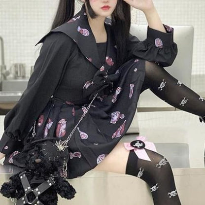 Cute Cool Preppy Style Girls Black Bow Print Top Skirt Lolita JK Uniform Suit MM0886 - KawaiiMoriStore