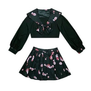 Cute Cool Preppy Style Girls Black Bow Print Top Skirt Lolita JK Uniform Suit MM0886 - KawaiiMoriStore
