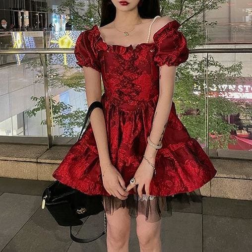 Cute Elegant Red Puffy Sleeves Dress MK15917 - KawaiiMoriStore