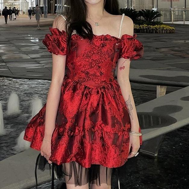 Cute Elegant Red Puffy Sleeves Dress MK15917 - KawaiiMoriStore