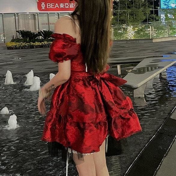 Cute Elegant Red Puffy Sleeves Dress MK15917 - KawaiiMoriStore