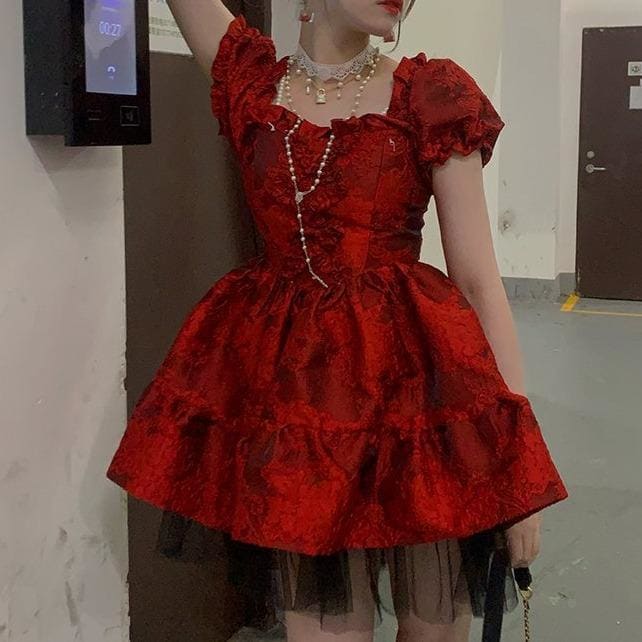 Cute Elegant Red Puffy Sleeves Dress MK15917 - KawaiiMoriStore