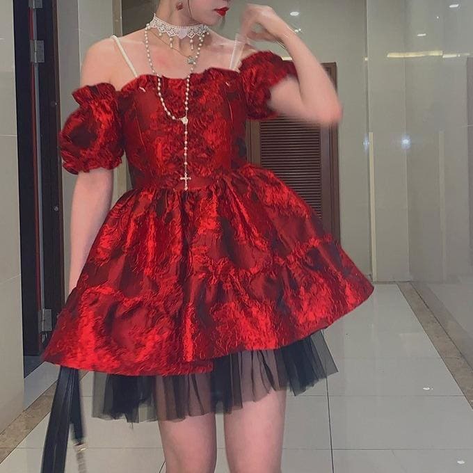 Cute Elegant Red Puffy Sleeves Dress MK15917 - KawaiiMoriStore