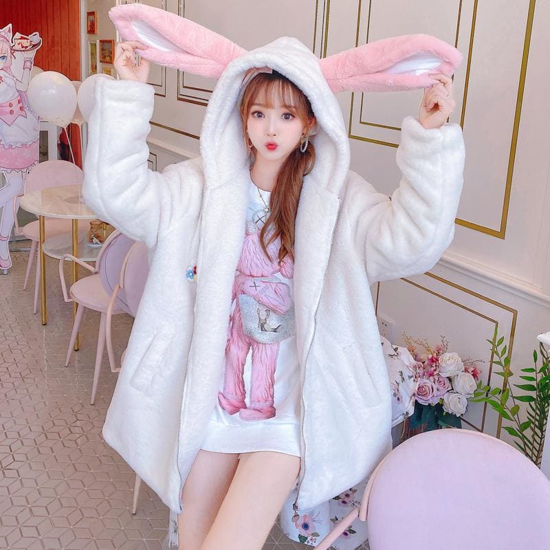 Cute Fashion Long Pink Rabbit Ears White Coat MM1639 - KawaiiMoriStore