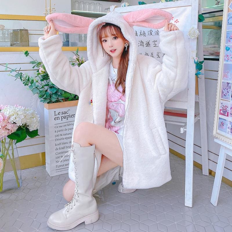 Cute Fashion Long Pink Rabbit Ears White Coat MM1639 - KawaiiMoriStore