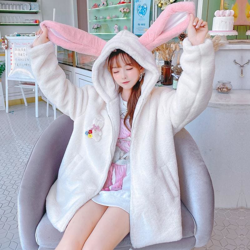 Cute Fashion Long Pink Rabbit Ears White Coat MM1639 - KawaiiMoriStore