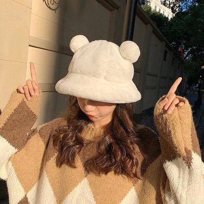 Cute Furry Bear Ears Fisherman Hat MK15198 - KawaiiMoriStore