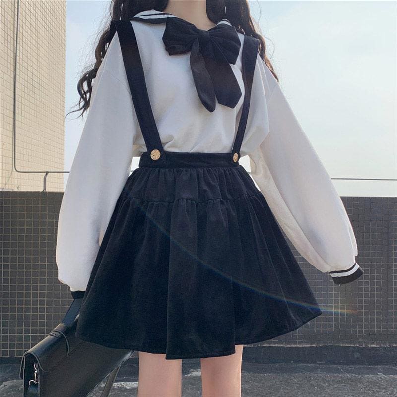 Cute Girl Bowknot Blouse And Suspender Skirt Set MK16027 - KawaiiMoriStore