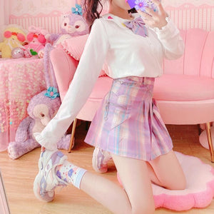Cute Girl Love Purple Plaid Pleated Skirt MK15566 - KawaiiMoriStore
