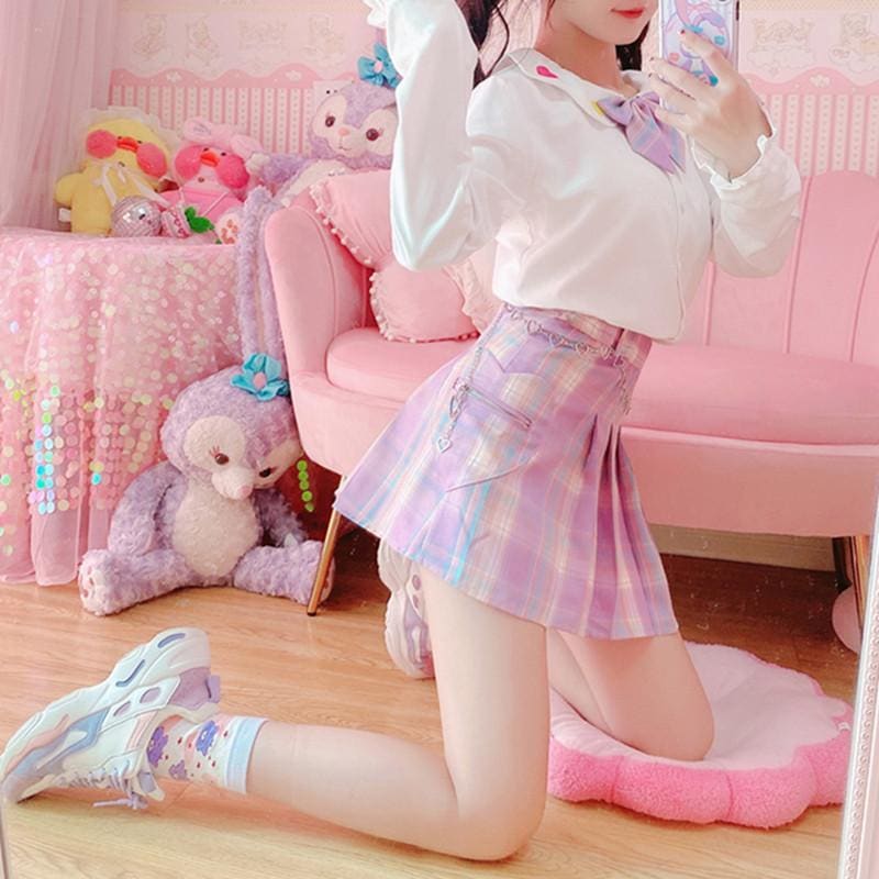 Cute Girl Love Purple Plaid Pleated Skirt MK15566 - KawaiiMoriStore