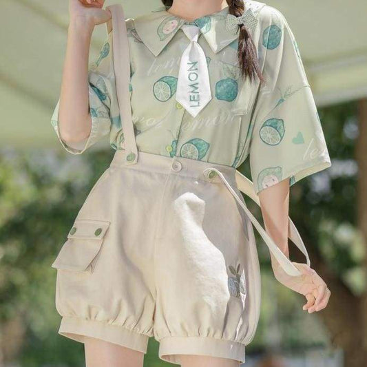 Cute Green Lemon Blouse & Overall MM1610 - KawaiiMoriStore