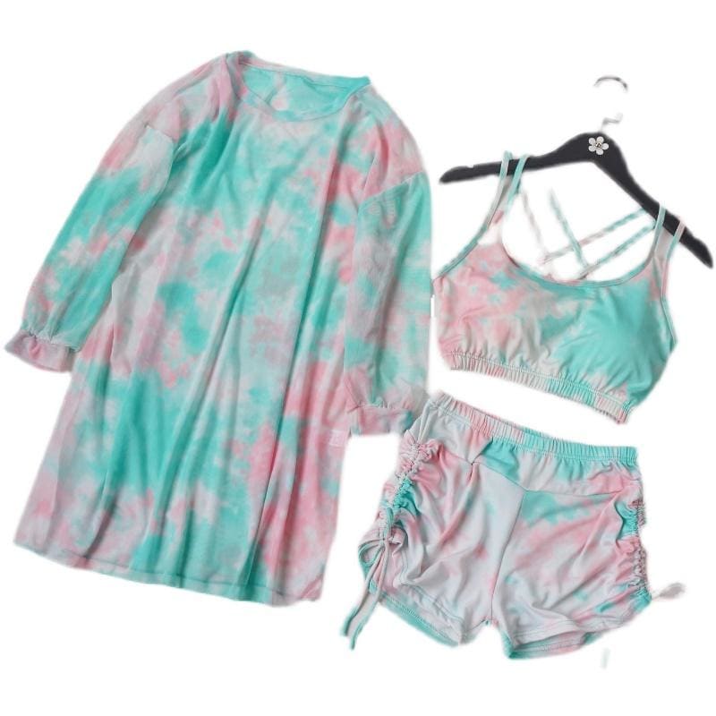 Cute Green/Pink Tie-dye Print Swimsuit Three Pieces Set MK15928 - KawaiiMoriStore