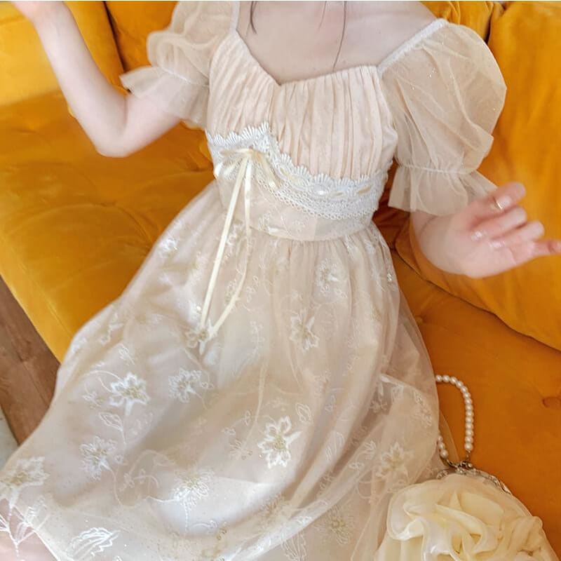Cute Lace Flower Mesh Dress MM1214 - KawaiiMoriStore