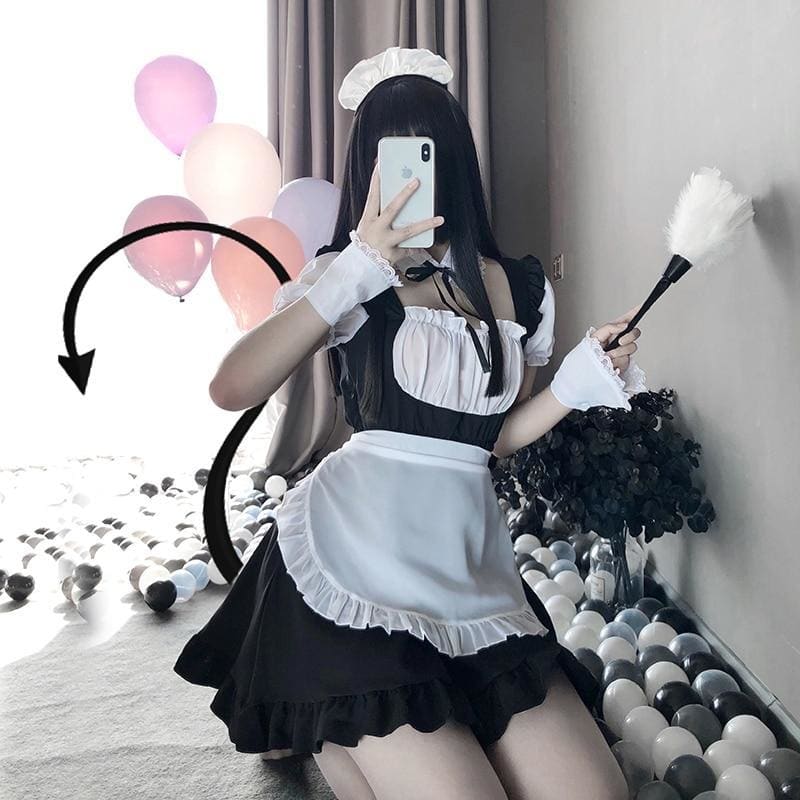 Cute Lace Up Black and White Maid Dress Role Play Costume MK222 - KawaiiMoriStore