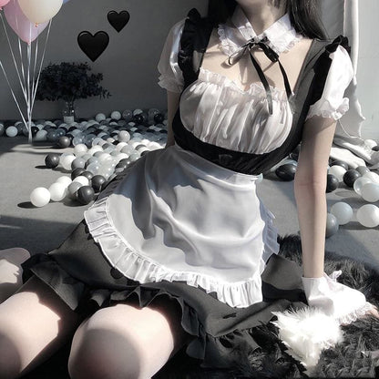 Cute Lace Up Black and White Maid Dress Role Play Costume MK222 - KawaiiMoriStore