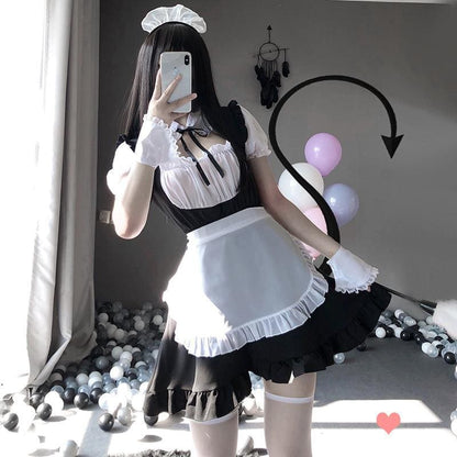 Cute Lace Up Black and White Maid Dress Role Play Costume MK222 - KawaiiMoriStore