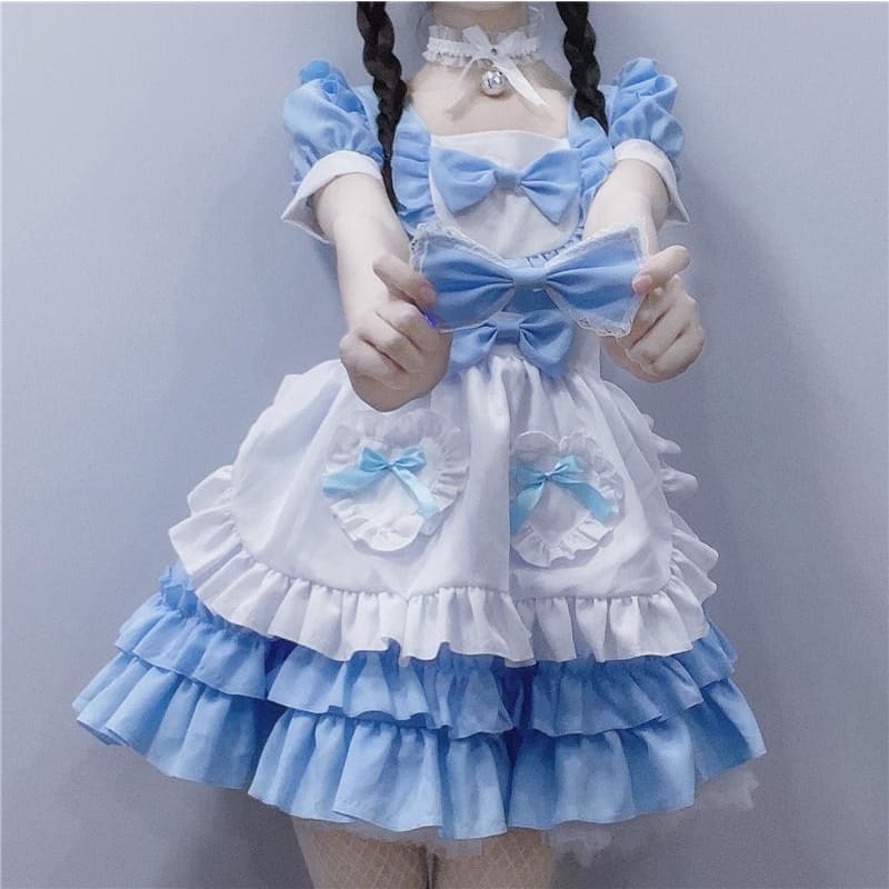 Cute Lolita Blue Lace Bowknot Maid Dress MM1149 - KawaiiMoriStore