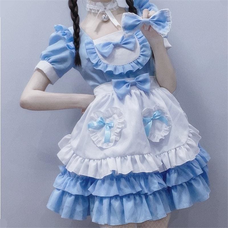 Cute Lolita Blue Lace Bowknot Maid Dress MM1149 - KawaiiMoriStore