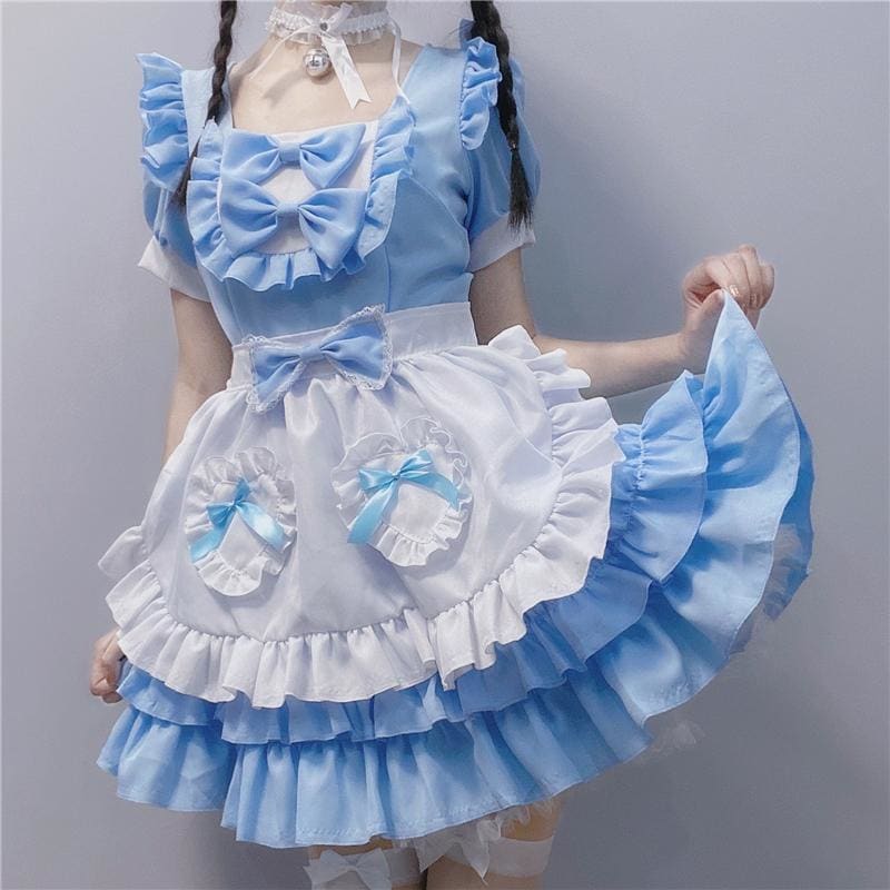 Cute Lolita Blue Lace Bowknot Maid Dress MM1149 - KawaiiMoriStore