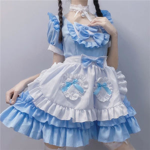 Cute Lolita Blue Lace Bowknot Maid Dress MM1149 - KawaiiMoriStore