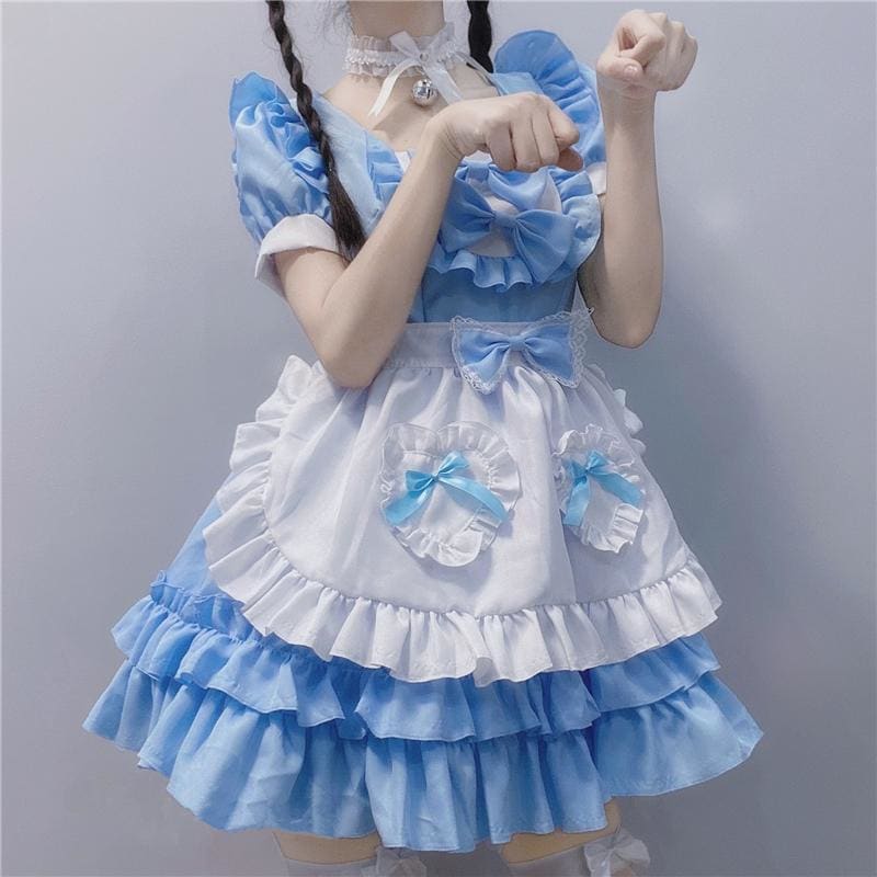 Cute Lolita Blue Lace Bowknot Maid Dress MM1149 - KawaiiMoriStore